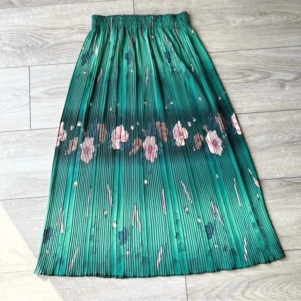 Floral Pattern Pleated Stretchy Midi Maxi Skirt